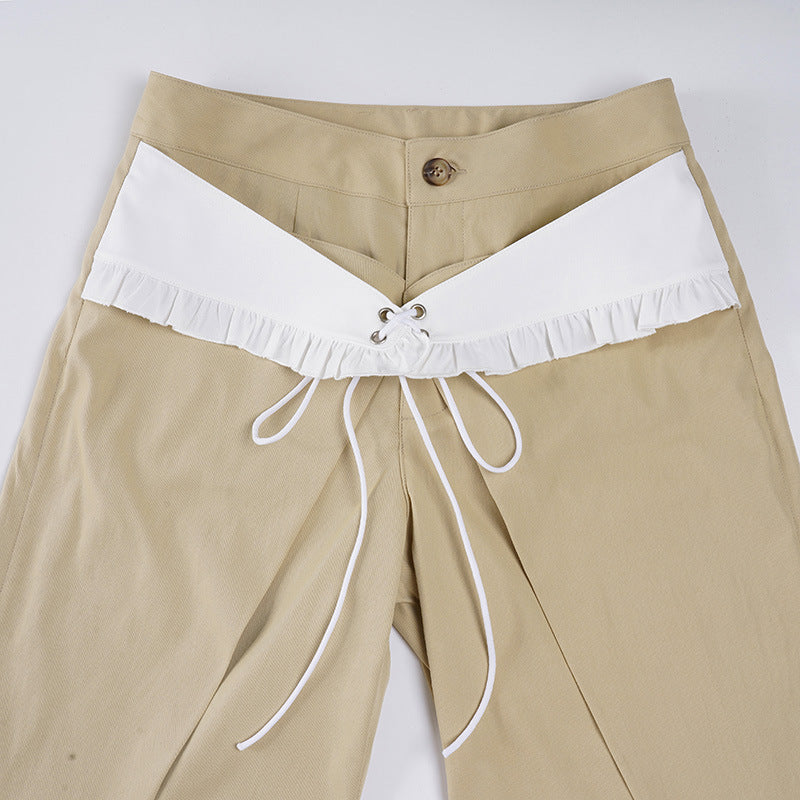 Designer Double Waist Pants - Women's Curved Hem Wide-Leg Trousers | Free Shipping