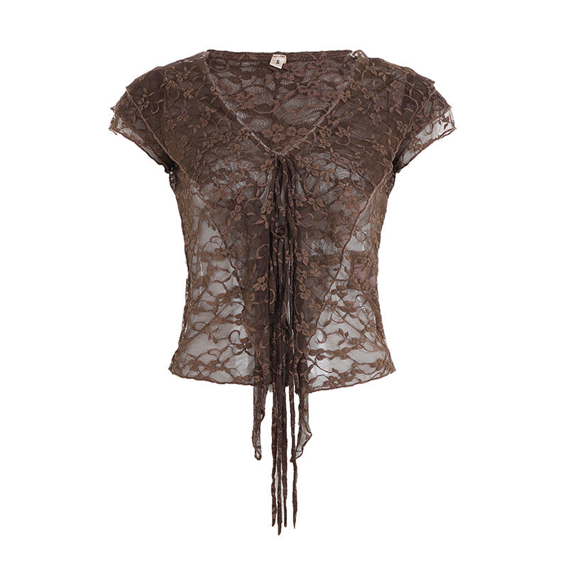 Lace Collar Mesh Top - Sweet & Sexy Tie-Front Crop Tee | Free Shipping| Crypto Payments