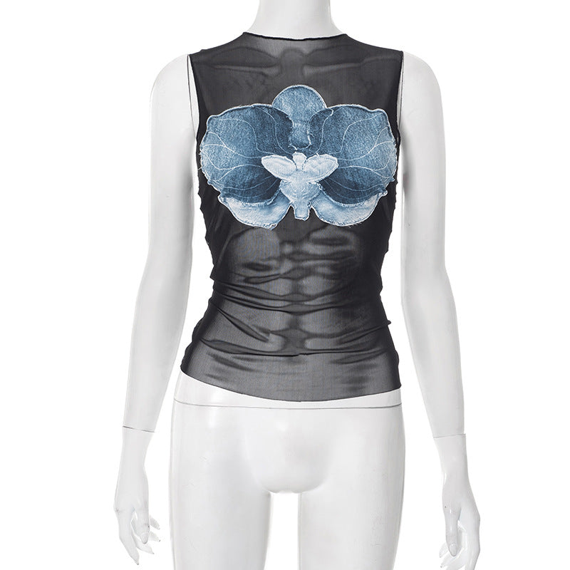 Sexy Cute Y2K Orchid Print Mesh Crop Top - Sleeveless & Sheer Tee | Worldwide Free Shipping & Crypto Payment