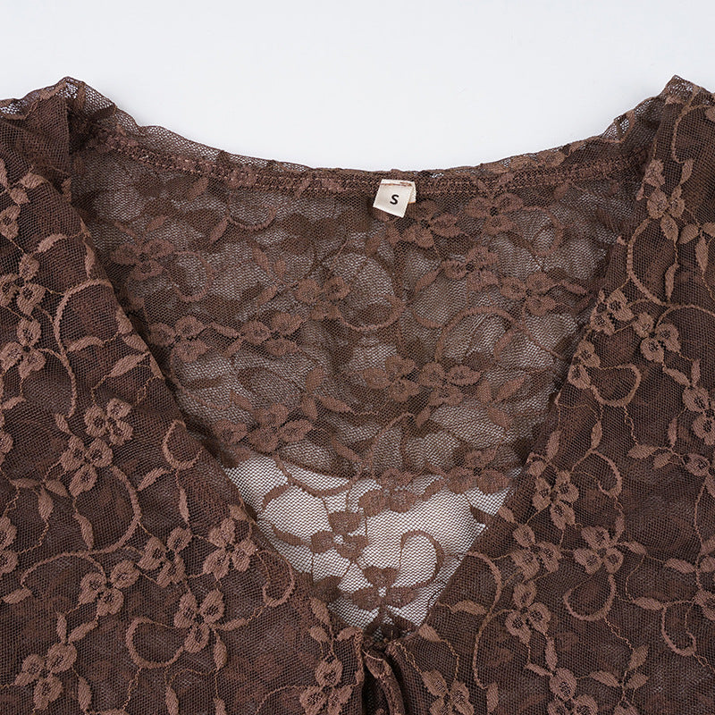 Lace Collar Mesh Top - Sweet & Sexy Tie-Front Crop Tee | Free Shipping| Crypto Payments