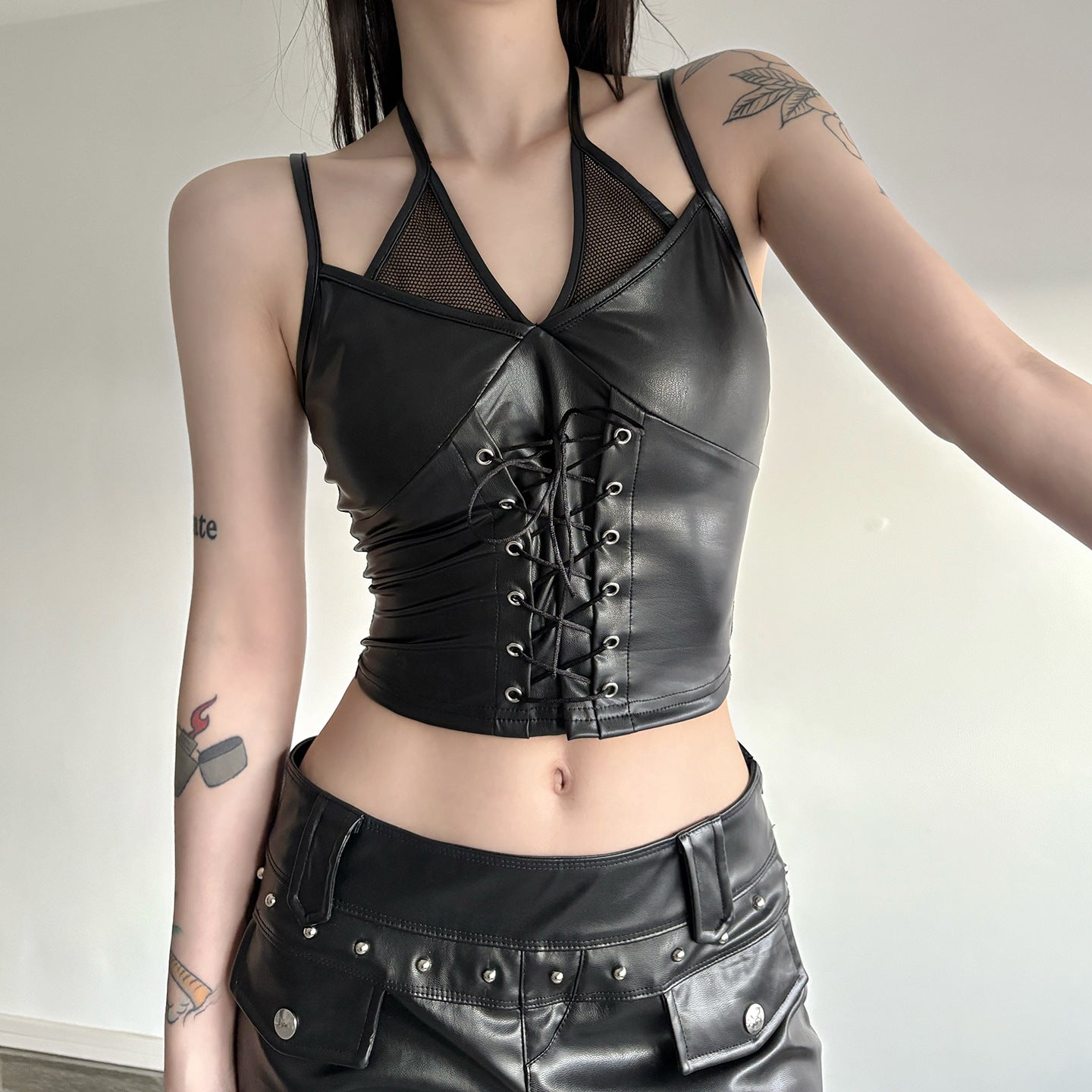Punk Leather & Lace Halter Top - Edgy Corset Bustier Cropped Top | Free Shipping