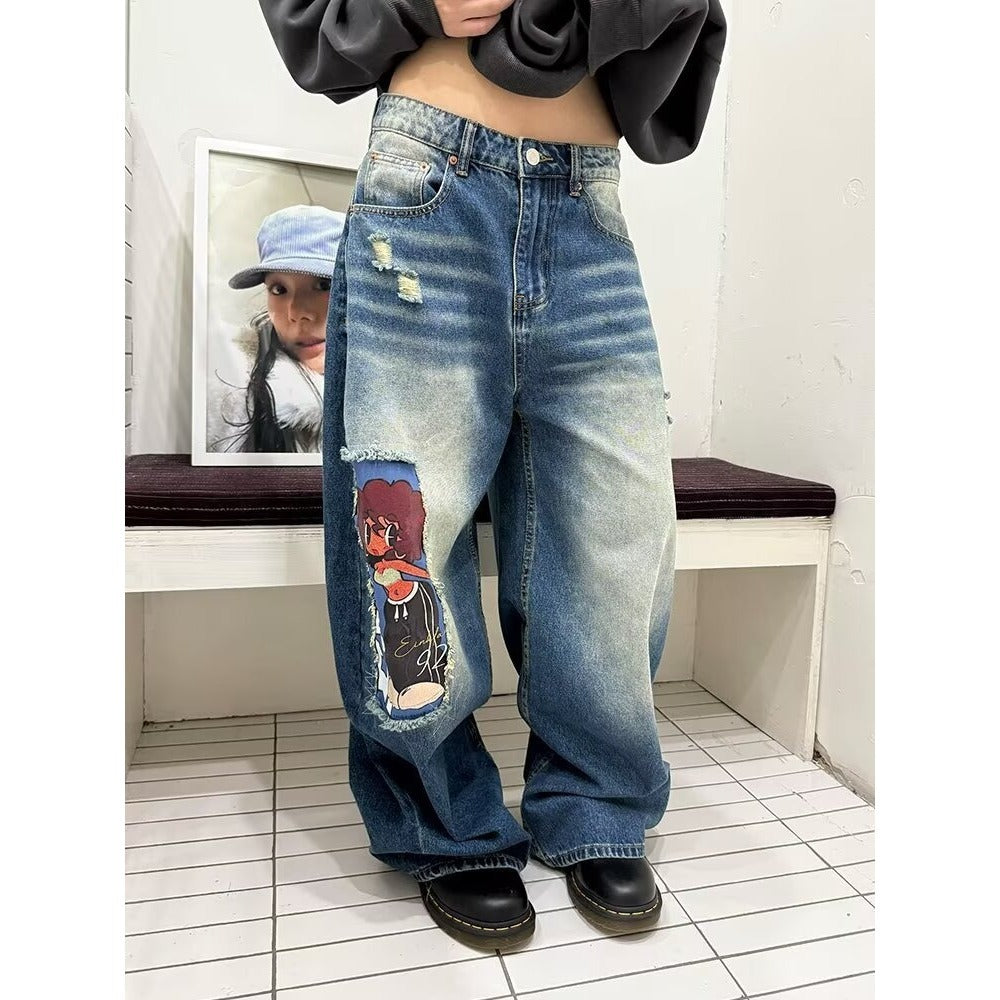 Distressed Blue High-Waisted Jeans for Women – Loose Wide-Leg Straight Pants | Thin & Breathable | Free Shipping | Crypto Accepted