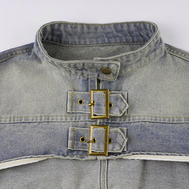 Streetwear Cropped Denim Vest - Distressed Stand Collar Outerwear| Free Shipping|Crypto Payments