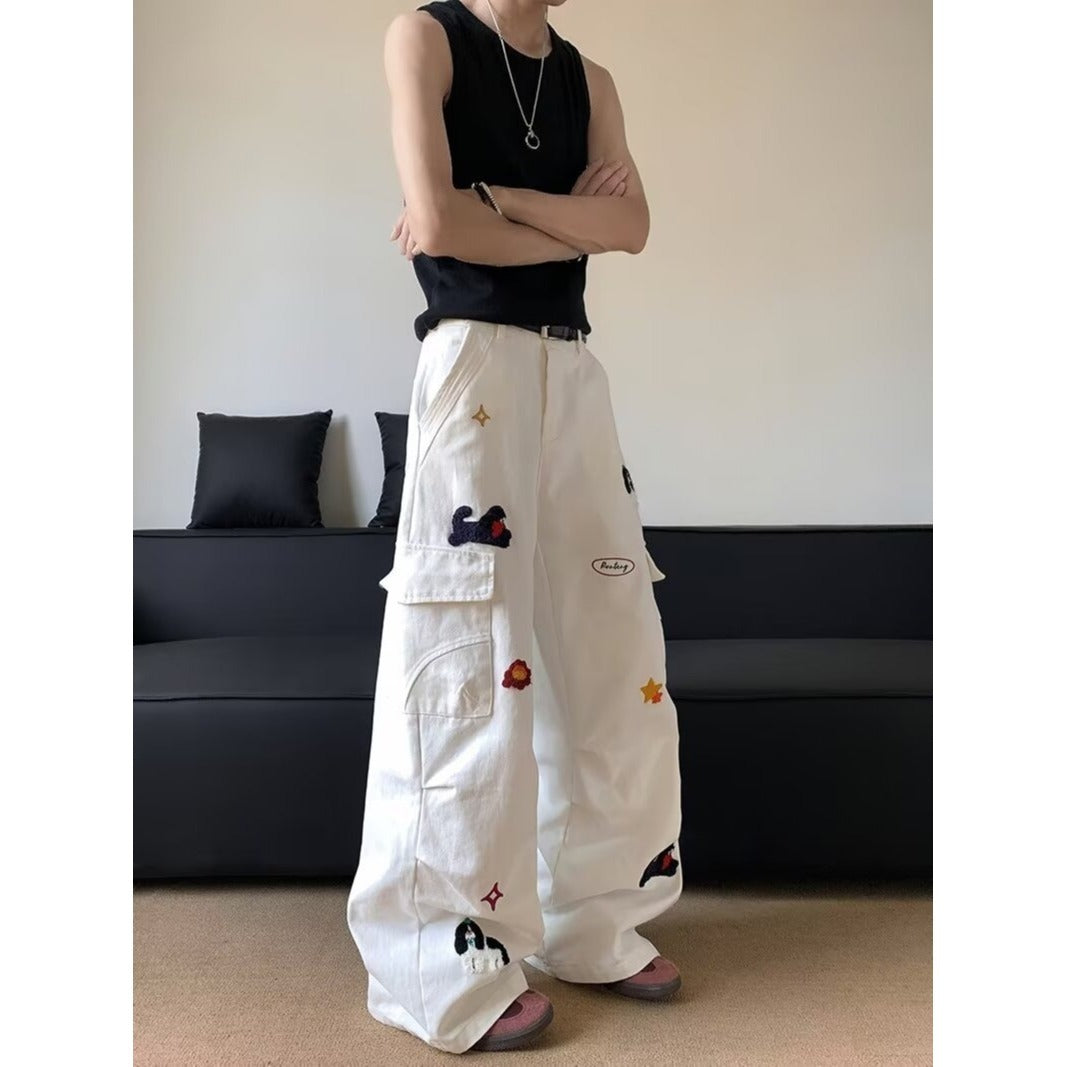White Embroidered Workwear Jeans – Unisex Retro Streetwear | Loose Straight-Leg Fit | Free Shipping | Crypto Accepted