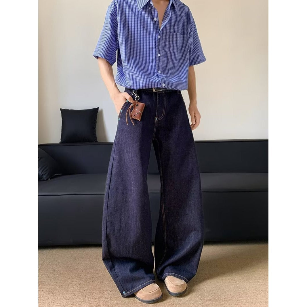 Retro Turquoise Scimitar Jeans – Unisex Clean Fit Raw Denim | Dark Blue Wide-Leg Streetwear | Free Shipping | Crypto Accepted