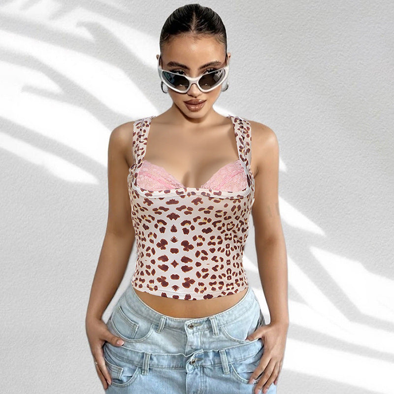 Blusa com decote em V profundo e renda de oncinha – Blusa estampada sexy para mulheres | Frete grátis | Criptomoedas aceitas