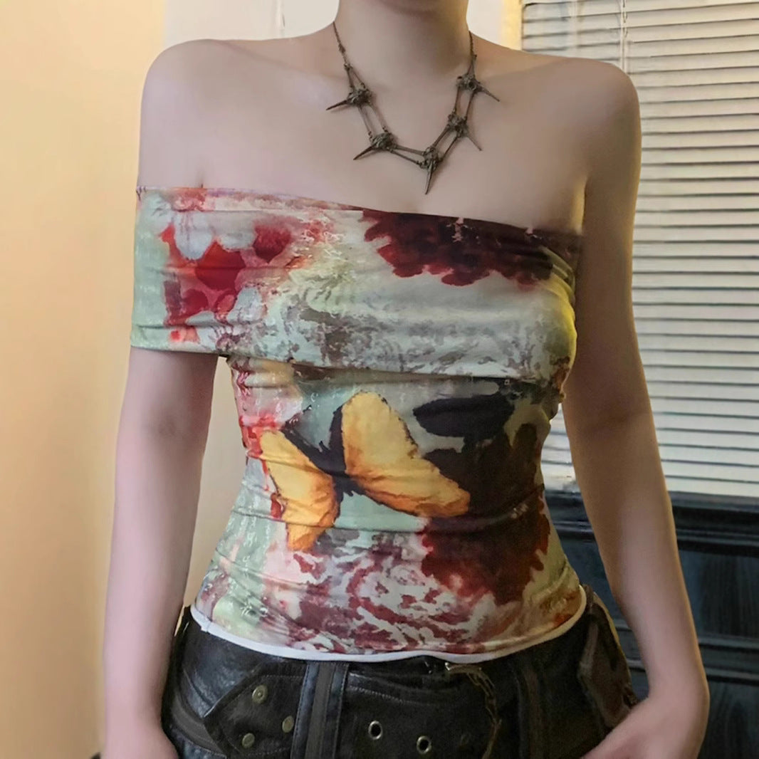 Y2K One-Shoulder Top - Retro Tie-Dye Bustier | Crypto Payments