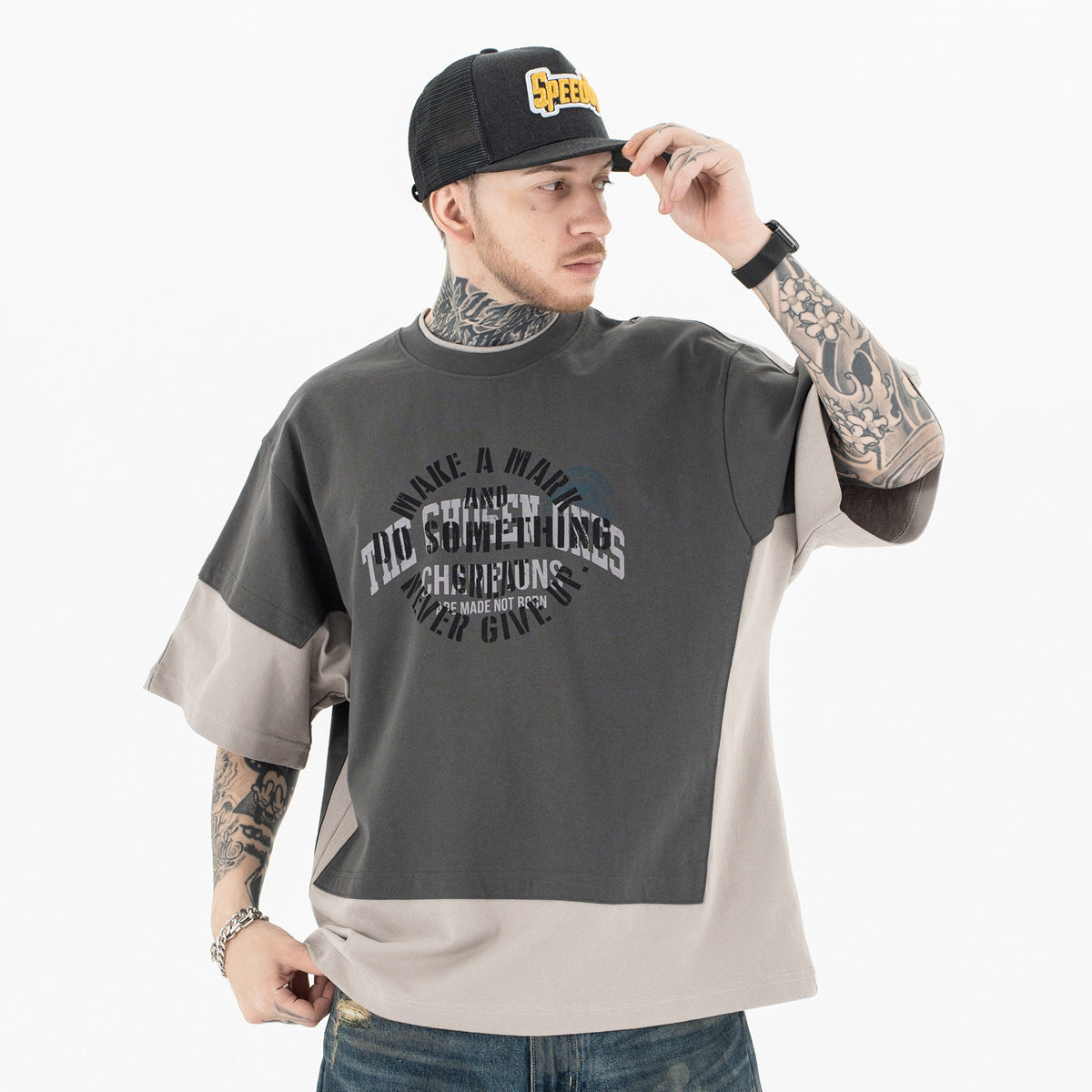 90s Style Grunge T-Shirt - Artistic Collage Print Oversized Cotton Top