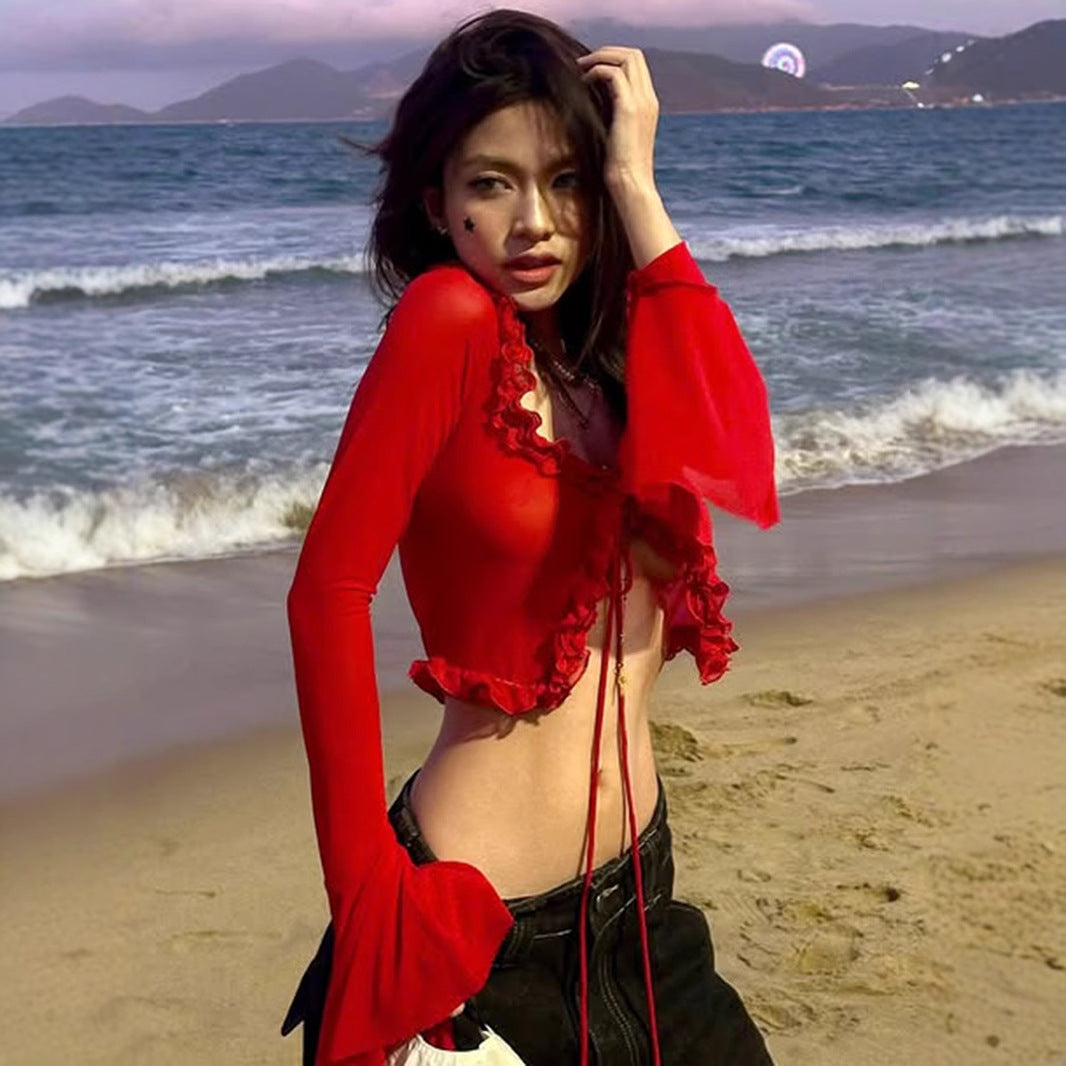 Sexy Mesh Crop Top - Ruffle Bell Sleeve Blouse | Free Shipping|Crypto Payments