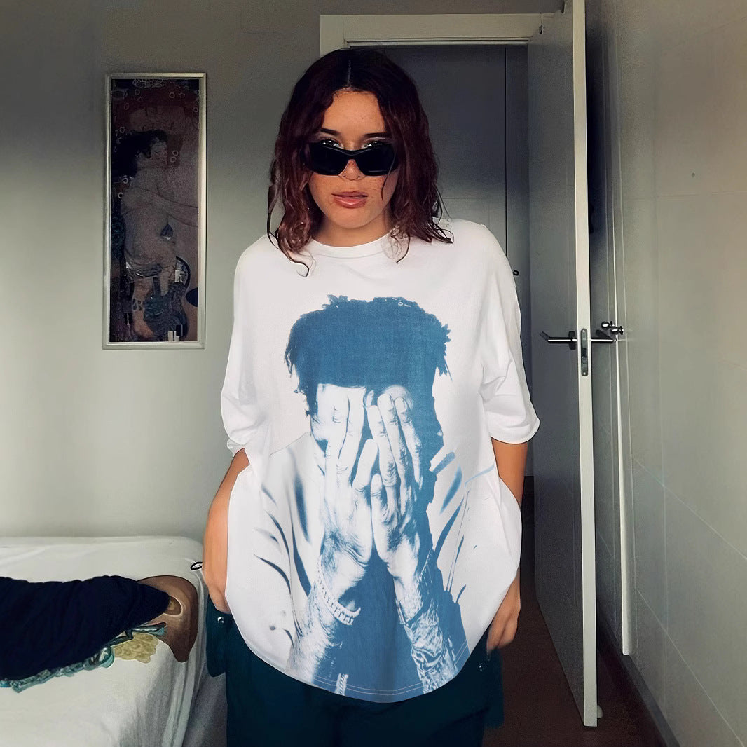 Hip-Hop Portrait Tee - Oversized Drop-Shoulder T-Shirt | Free Shipping| Crypto Payments