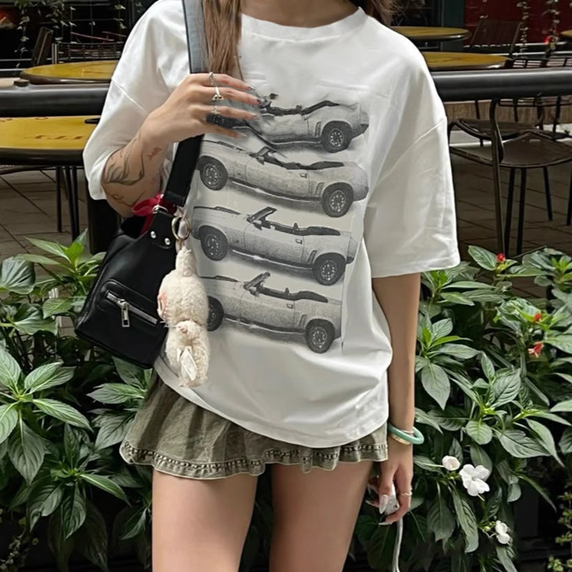 Y2K Streetwear Tee - Car Graphic Structured Shoulder Top| Crypto Payments