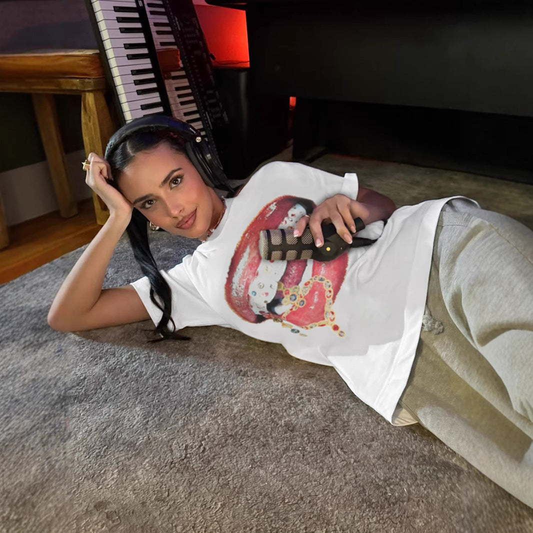 Y2K Lip Print Tee - Oversized Graphic T-Shirt | Crypto Payments