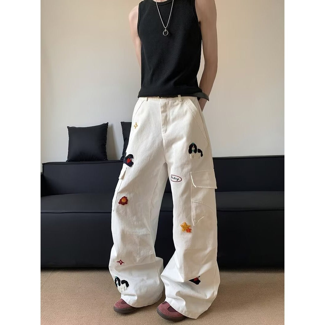 White Embroidered Workwear Jeans – Unisex Retro Streetwear | Loose Straight-Leg Fit | Free Shipping | Crypto Accepted