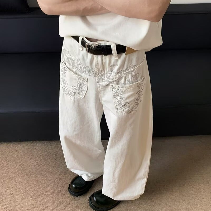 Washed White Scimitar Jeans – Men’s Vintage Reverse Design with Embroidered Pockets | Loose Fit | Free Shipping | Crypto Accepted