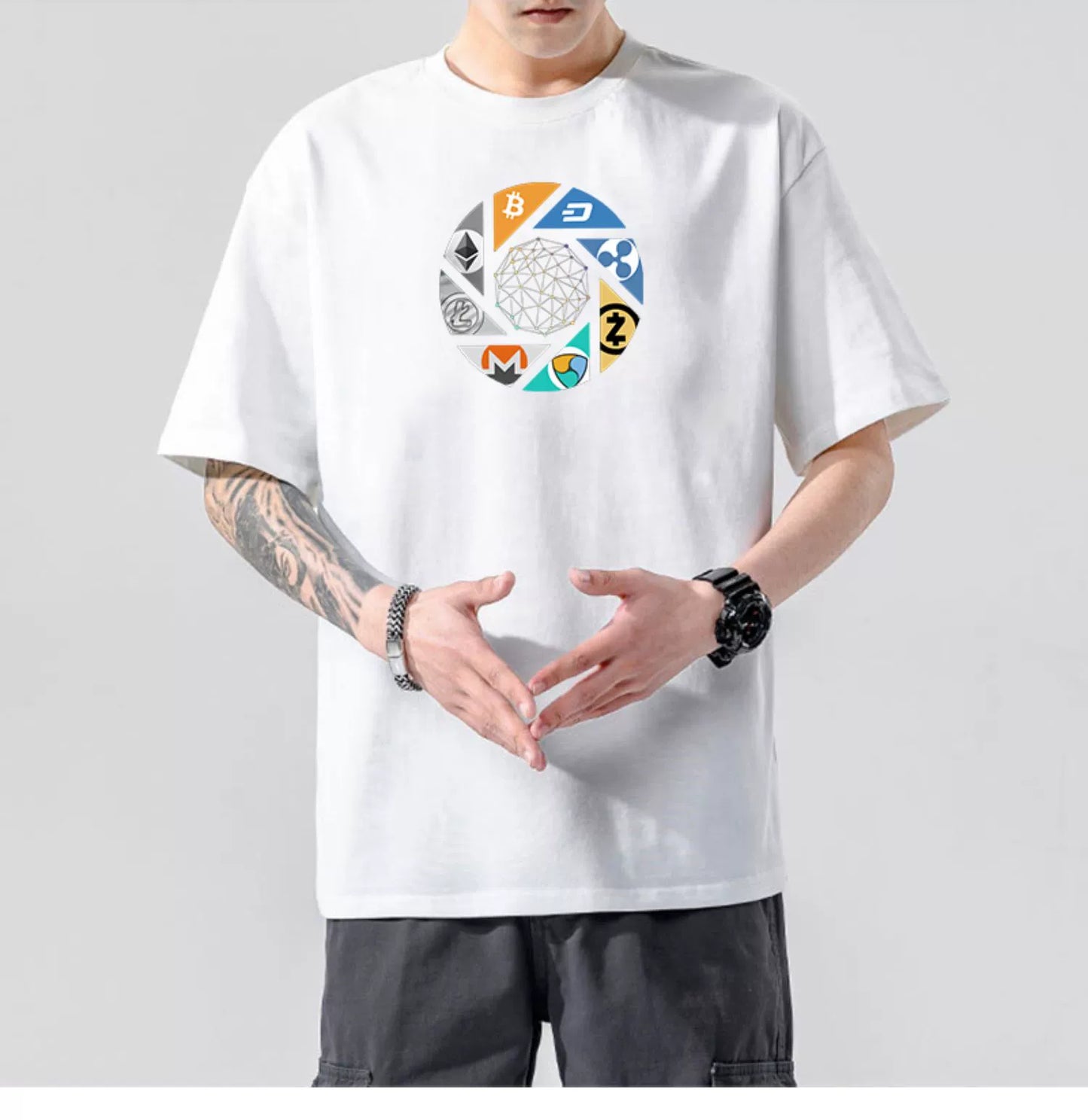 Men’s Crypto T-Shirt | 100% Cotton Blockchain Tee with Bitcoin, Ethereum, Dogecoin Prints | XS–2XL | Free Global Shipping