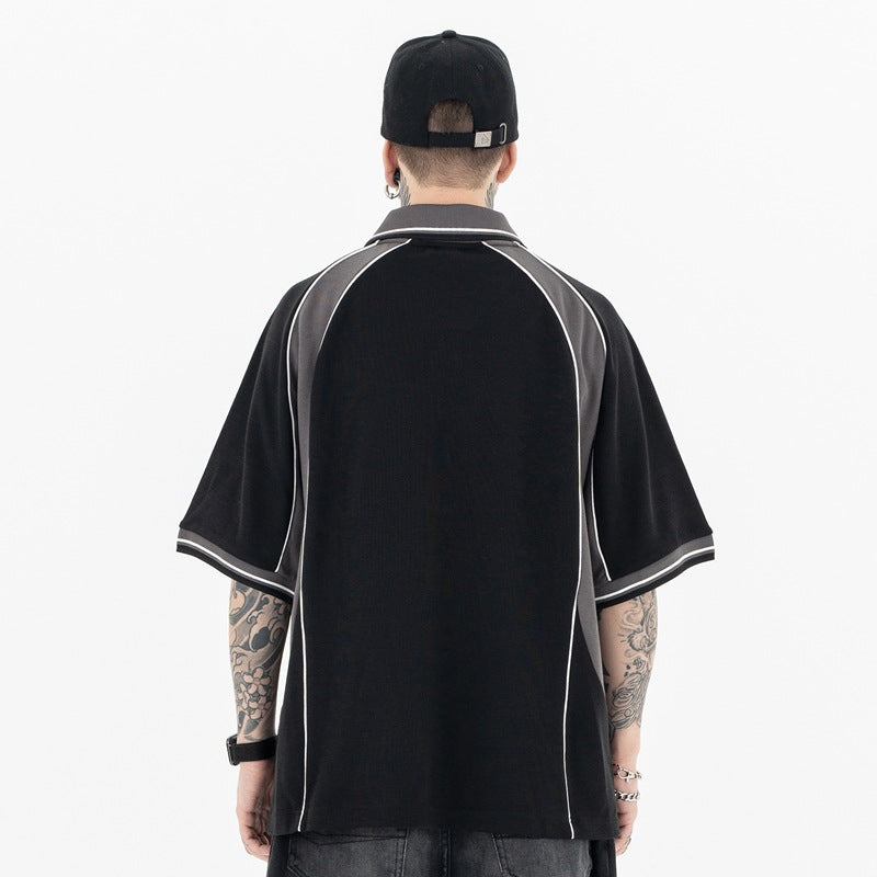 High-Street Raglan T-Shirt | Color Block Polo Style | Loose Fit | Black Apricot | Free Global Shipping | Crypto Accepted