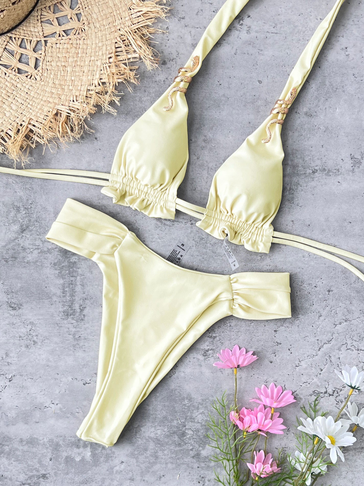 Biquíni amarelo feminino - Maiô ajustável com decote alto | Criptomoedas aceitas
