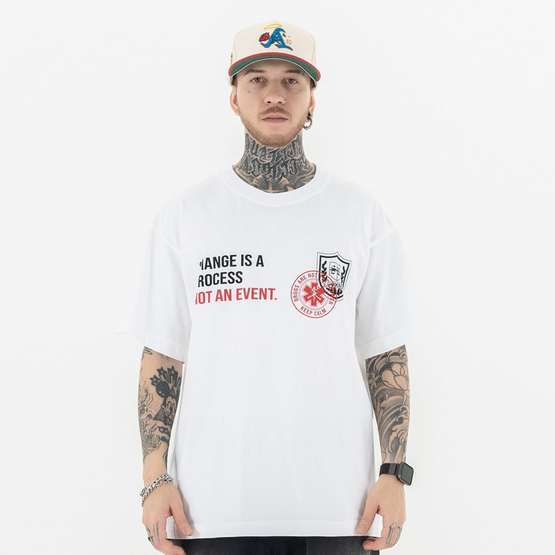 Badge Letter Print Streetwear Tee | Men’s Loose Fit T-Shirt | Black & White | Free Shipping | Crypto Payment