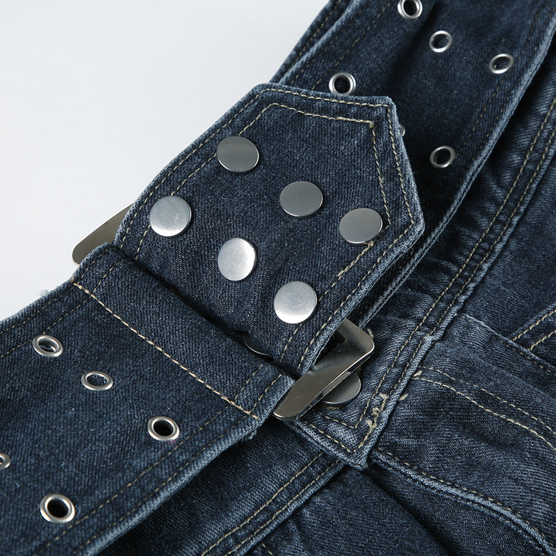Vintage Eyelet Denim Maxi Skirt - Distressed Belted A-Line Skirt | Free Shipping|Crypto Payments