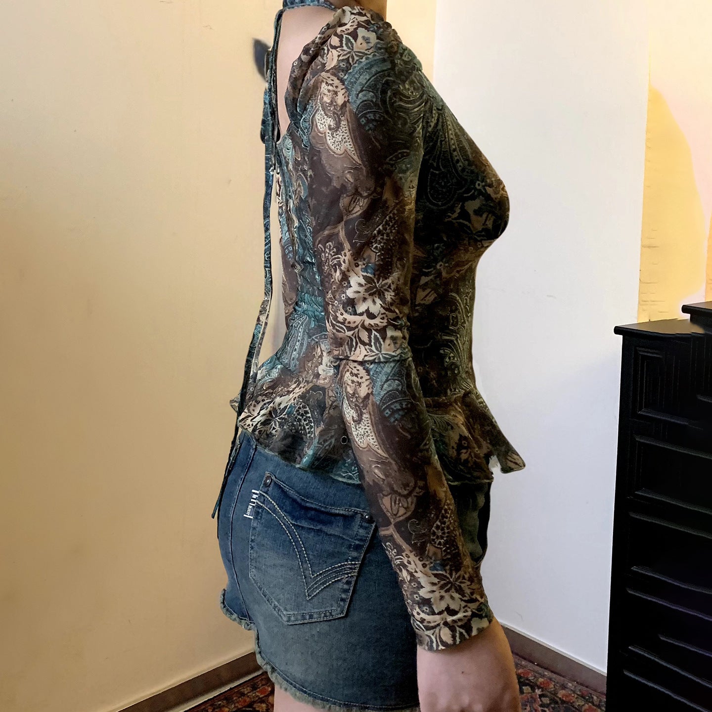 Vintage V-Neck Blouse - Flounce Hem Tie-Front Top| Crypto Payments