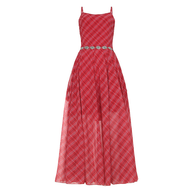 Vestido midi xadrez vermelho - Vestido de verão feminino com alças finas | Pagamentos com criptomoedas