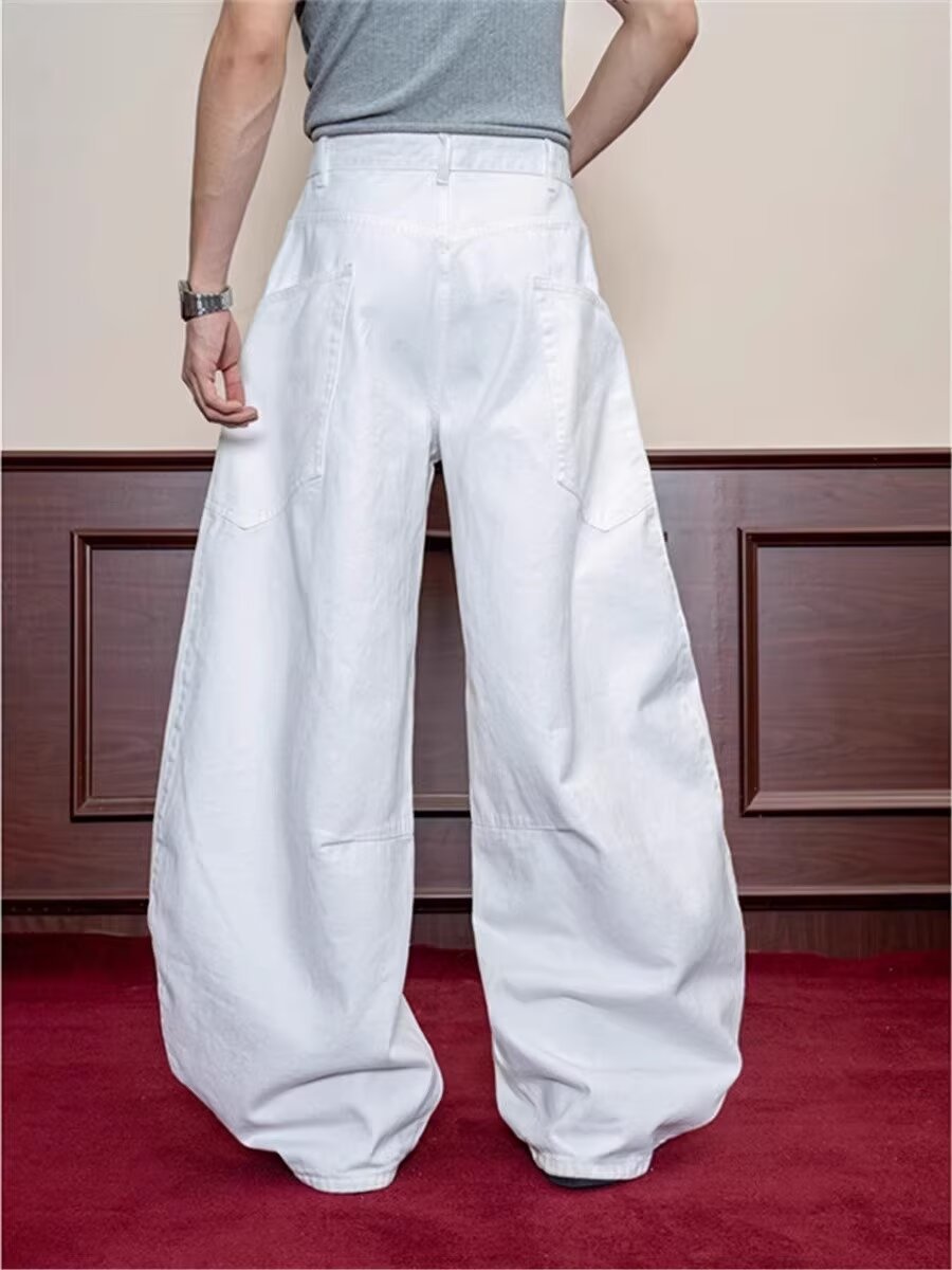 White Retro Scimitar Jeans for Men – Wide-Leg Streetwear Pants with Big Pockets | Free Shipping | Crypto Accepted