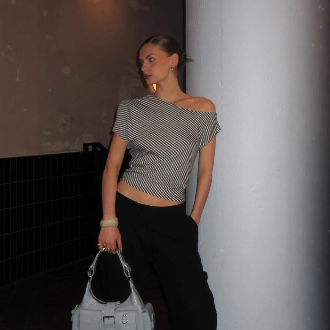 Y2K Striped Top - Sexy Off-Shoulder Asymmetric Design |Free Shipping|Crypto Payments