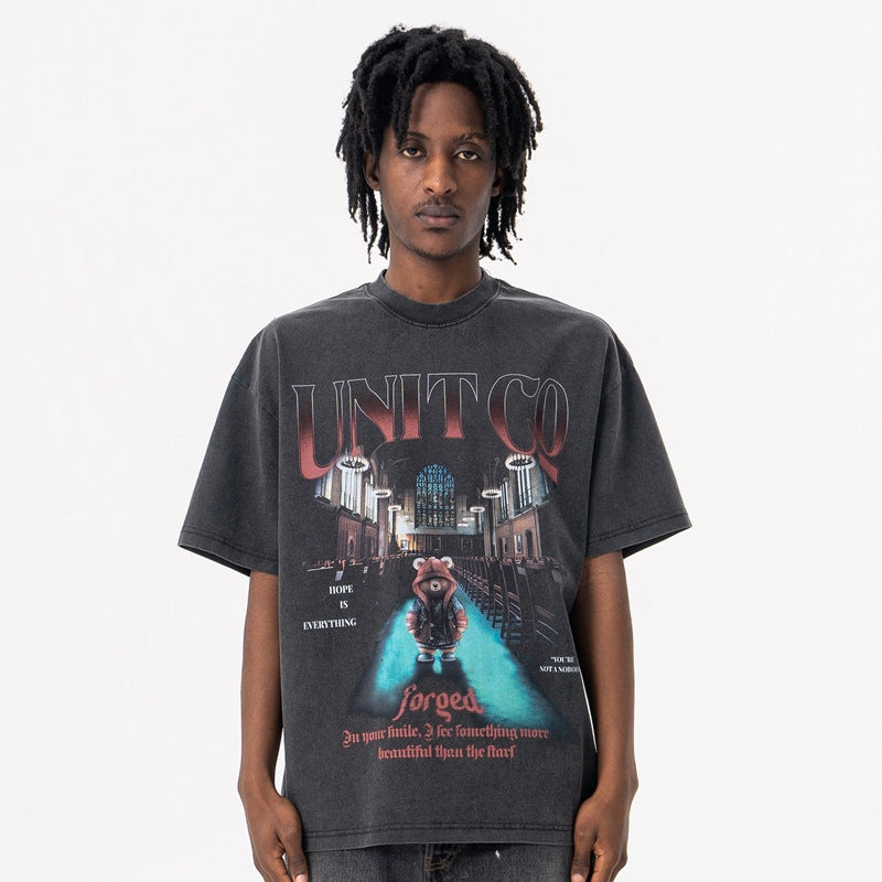Stage Bear Print Tee - Heavyweight Vintage Washed Cotton Streetwear Top