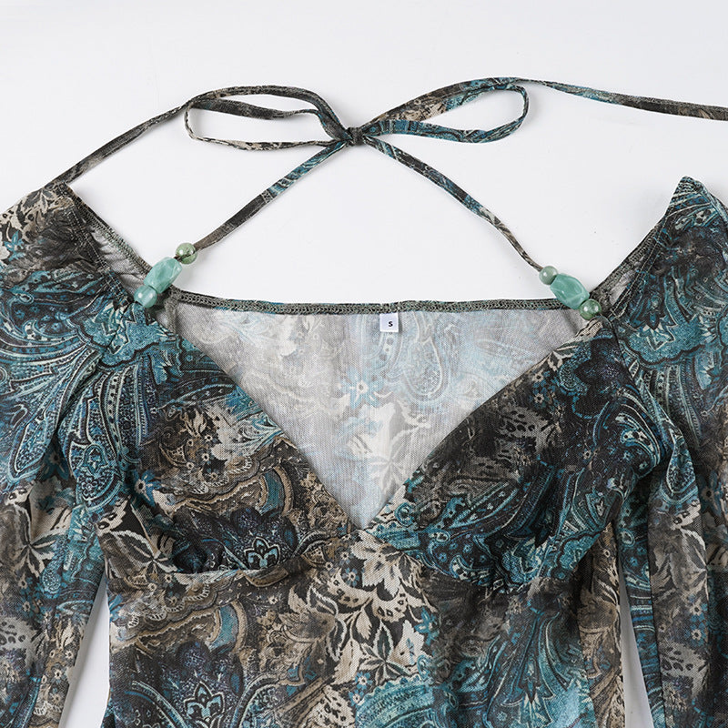 Vintage V-Neck Blouse - Flounce Hem Tie-Front Top| Crypto Payments
