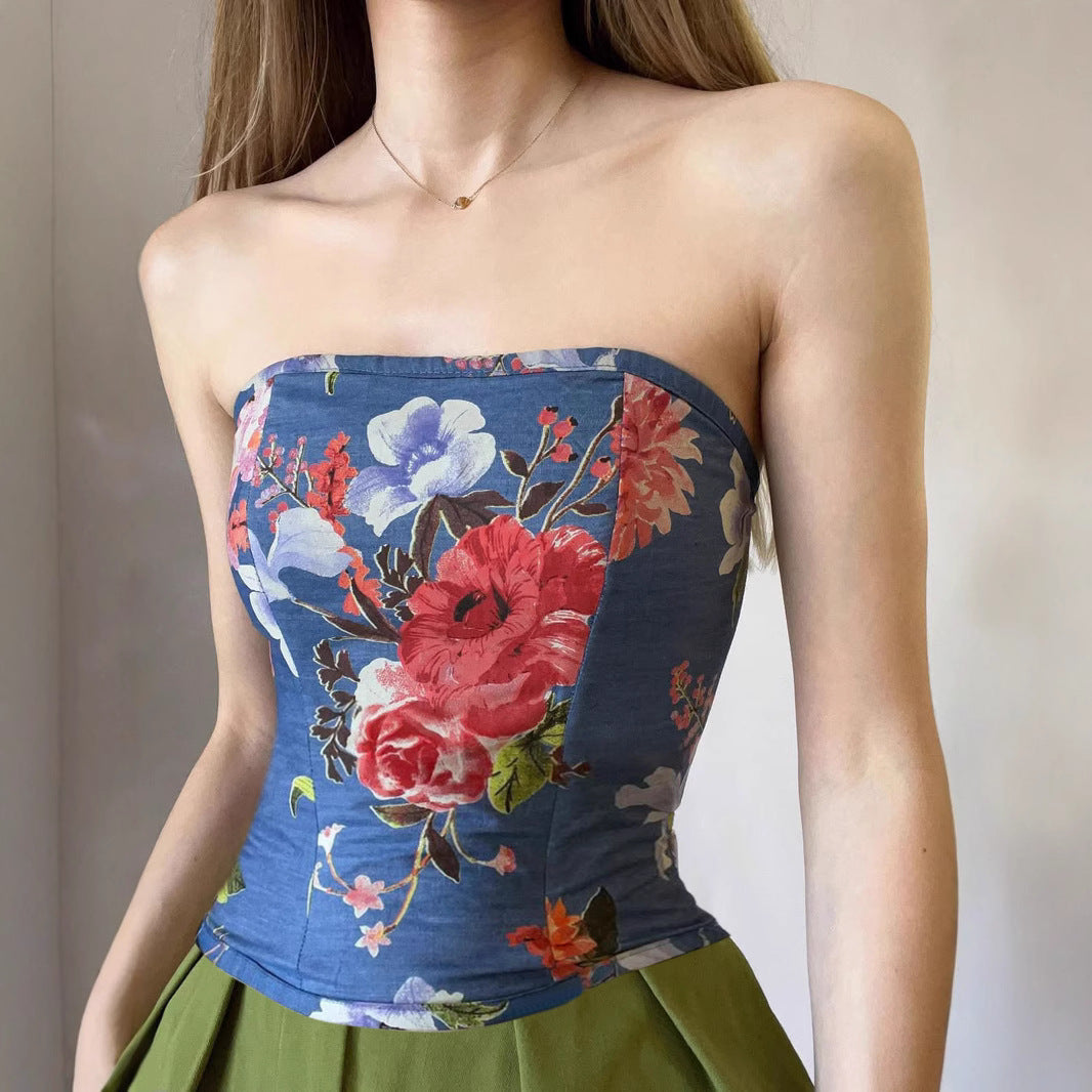 Vintage Floral Print Bustier Crop Top – Stretchy Feminine Layering Piece | Crypto Payments Accepted