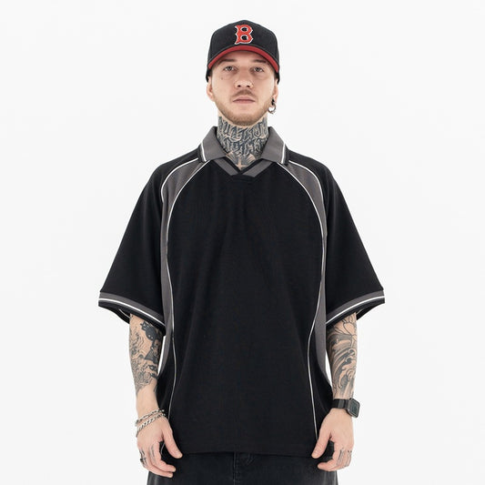 High-Street Raglan T-Shirt | Color Block Polo Style | Loose Fit | Black Apricot | Free Global Shipping | Crypto Accepted