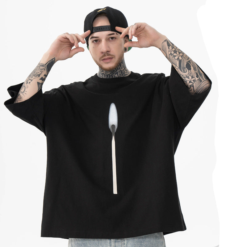 Matchstick Candle Graphic Tee - Vintage Foam Print Streetwear T-Shirt for Men