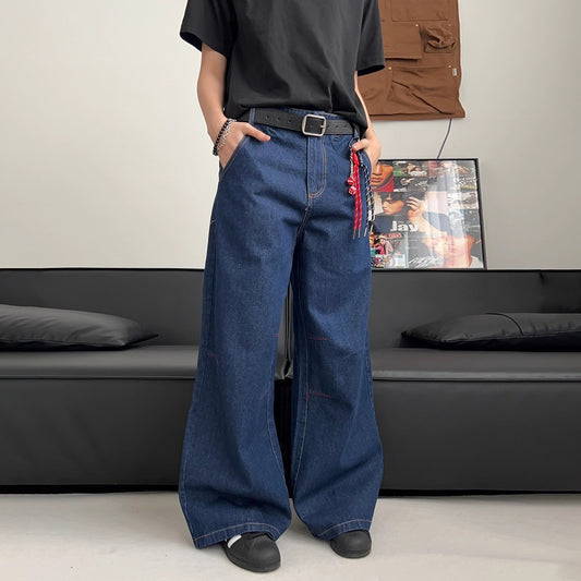 Clean Washed Dark Blue Jeans – Men’s Vintage Vibe Style | Loose Wide-Leg Straight Fit | Free Shipping | Crypto Accepted