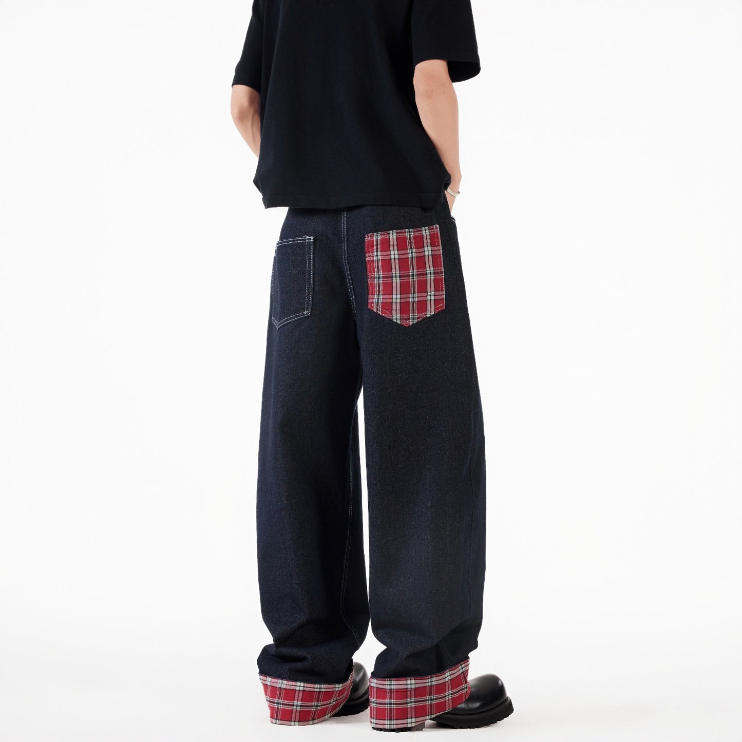 Loose Fit Patchwork Plaid Wide Leg Jeans for Men | Streetwear Unisex Style | Free Global Shipping & Crypto Pay