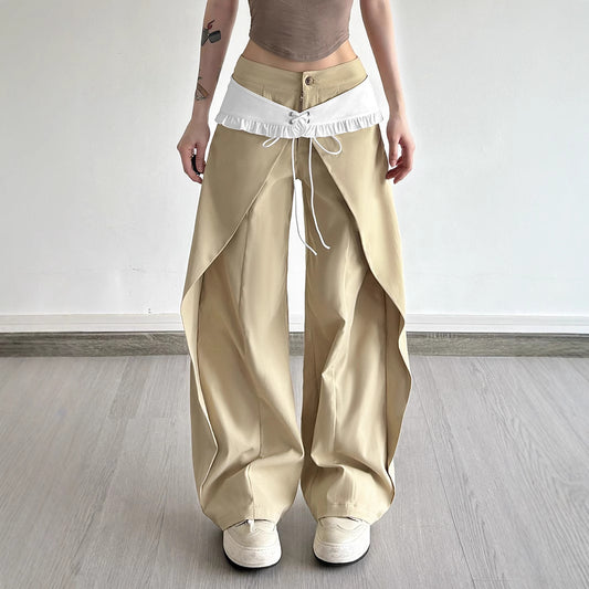 Designer Double Waist Pants - Women's Curved Hem Wide-Leg Trousers | Free Shipping