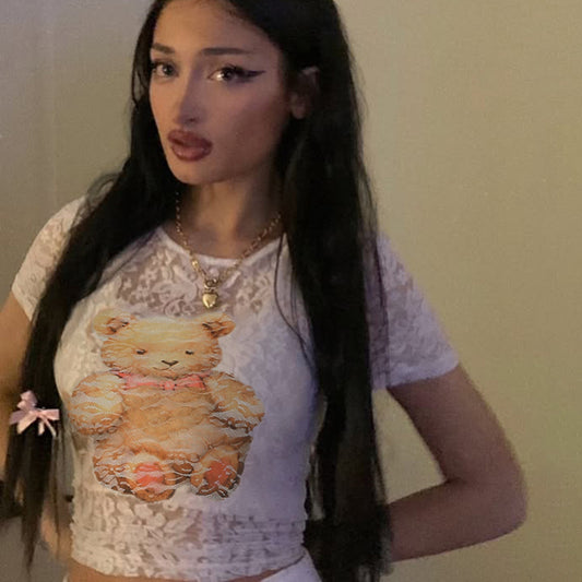 Teddy Bear Lace Top - Sheer Sweet & Sexy Blouse | Free Shipping|Crypto Payments