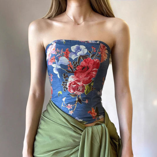 Vintage Floral Print Bustier Crop Top – Stretchy Feminine Layering Piece | Crypto Payments Accepted