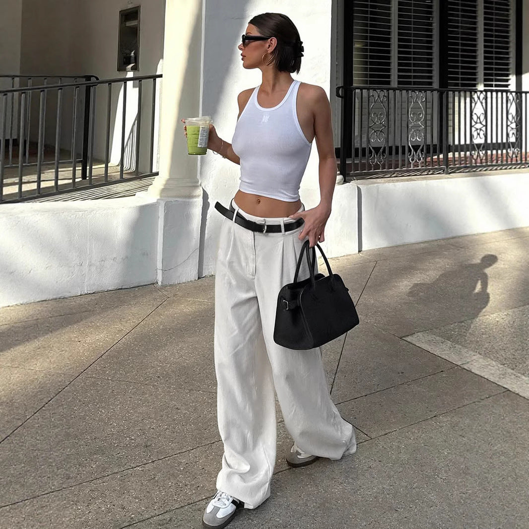 Pleated Wide-Leg Pants - Office Chic Trousers with PU Belt | Crypto Payments