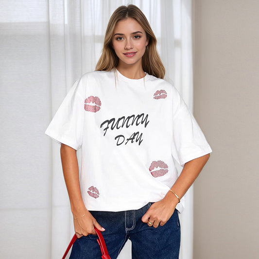 Lip Print Rhinestone Top - Oversized Statement Blouse | Free Shipping