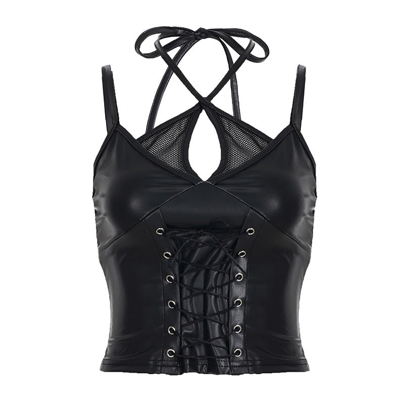 Punk Leather & Lace Halter Top - Edgy Corset Bustier Cropped Top | Free Shipping