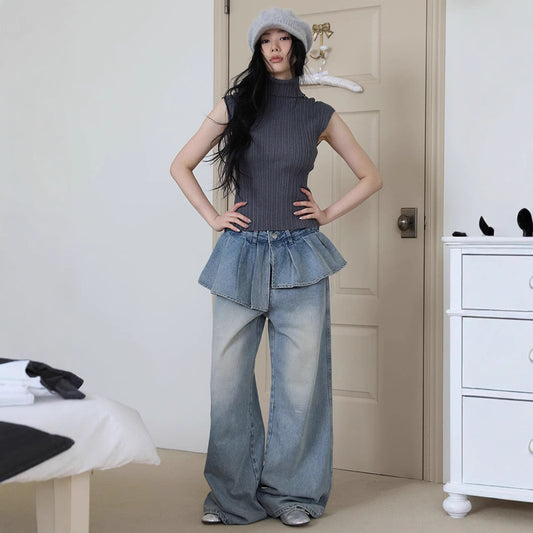 Y2K Fake Two-Piece Jeans - Wide-Leg Pleated Denim Pants | Free Shipping|Crypto Payments