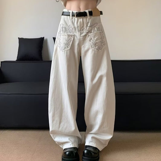 Washed White Scimitar Jeans – Men’s Vintage Reverse Design with Embroidered Pockets | Loose Fit | Free Shipping | Crypto Accepted