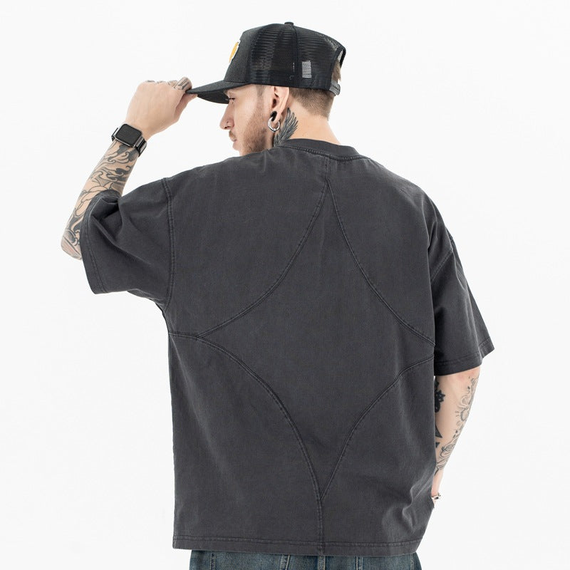 Heavyweight Street T-Shirt | Embroidered Patchwork | Khaki Dark Gray | 100% Cotton | Free Global Shipping | Crypto Accepted