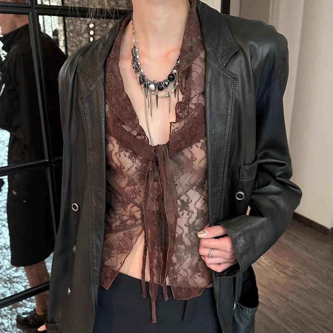 Lace Collar Mesh Top - Sweet & Sexy Tie-Front Crop Tee | Free Shipping| Crypto Payments