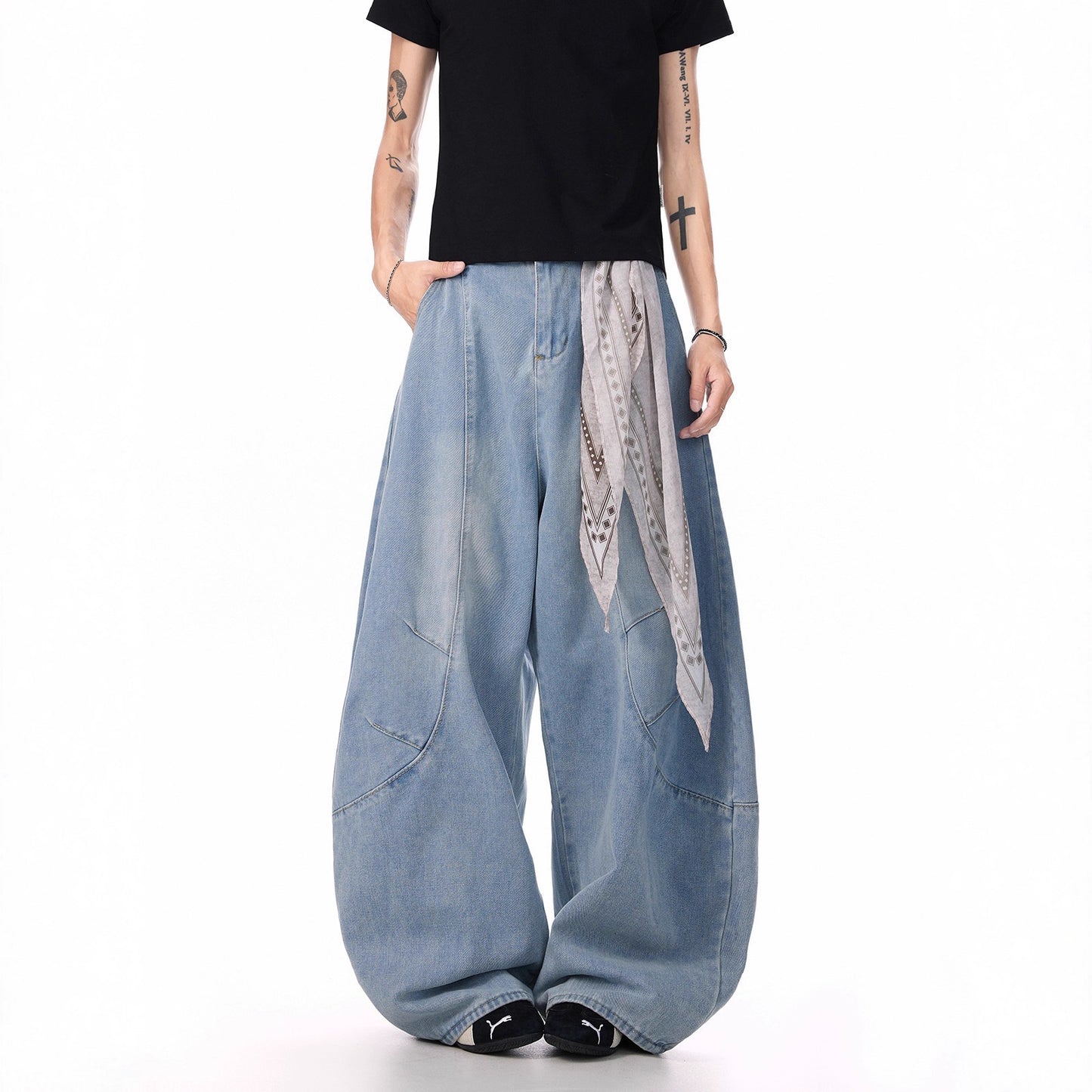 Deconstructed Bandana Wide-Leg Jeans – Unisex Summer Streetwear | Scimitar Cut | Free Shipping | Crypto Payments Accepted