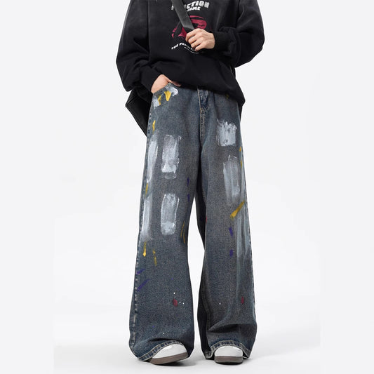 Men’s Graffiti Paint-Splatter Straight Jeans – Retro Streetwear Style | Free Global Shipping