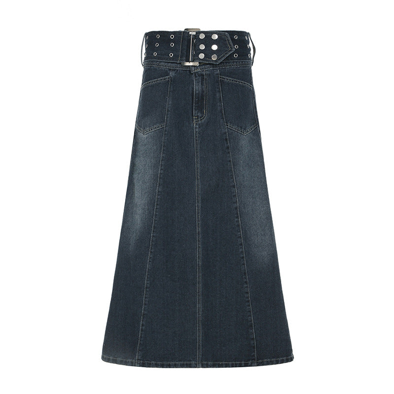 Vintage Eyelet Denim Maxi Skirt - Distressed Belted A-Line Skirt | Free Shipping|Crypto Payments