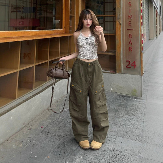 Street Style Pleated Cargo Pants - Women's Wide-Leg Utility Trousers | Free Shipping