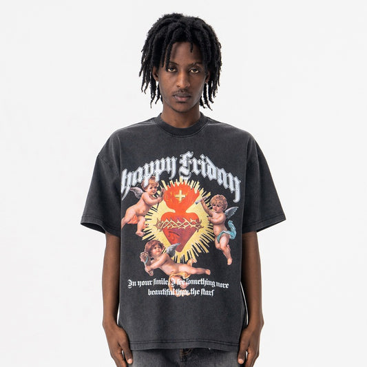Retro Heart Print T-Shirt - Oversized Cotton Streetwear Top