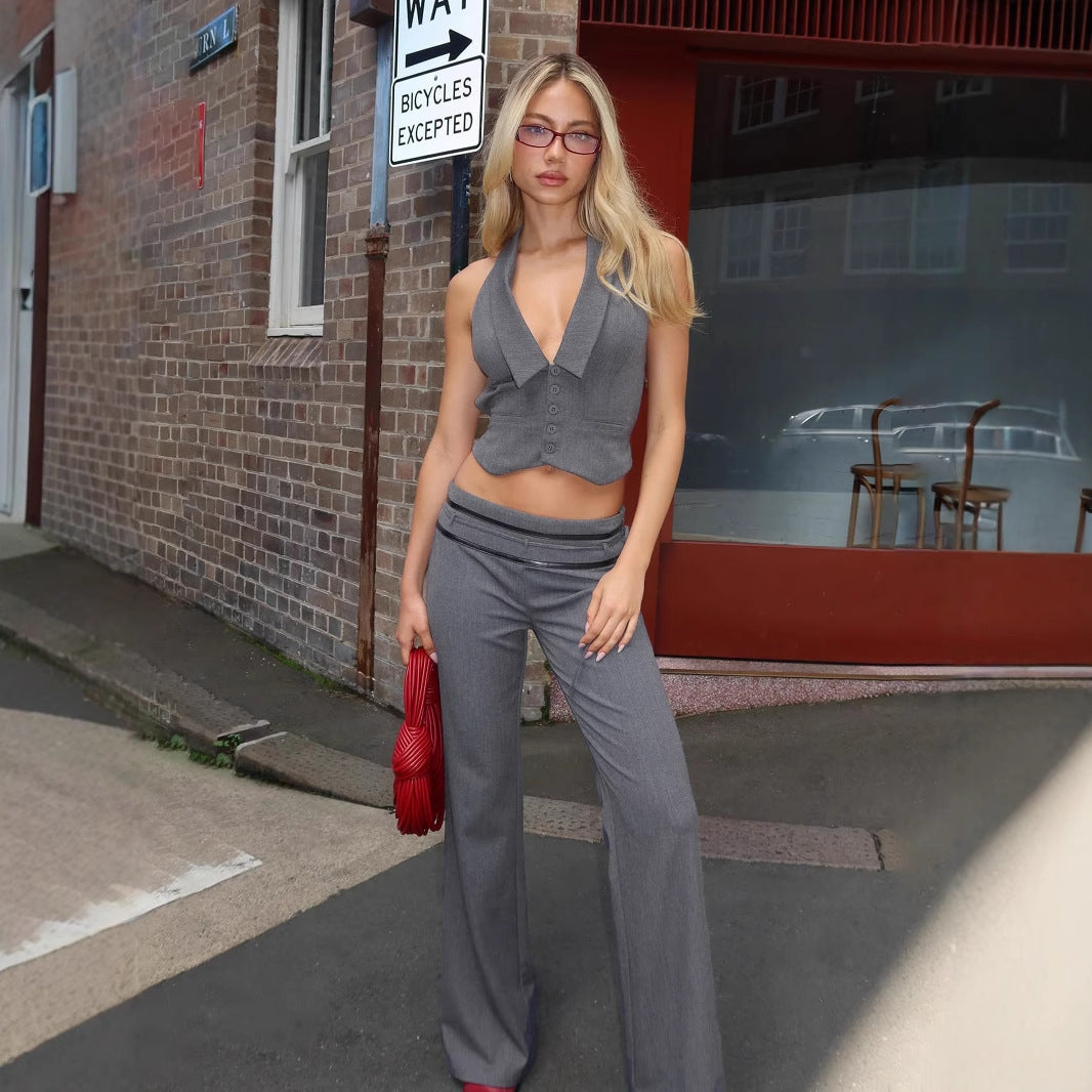 Y2K Office Outfit - Backless Vest & Low-Rise Leather Pants Set| Free Shipping| Crypto Payments